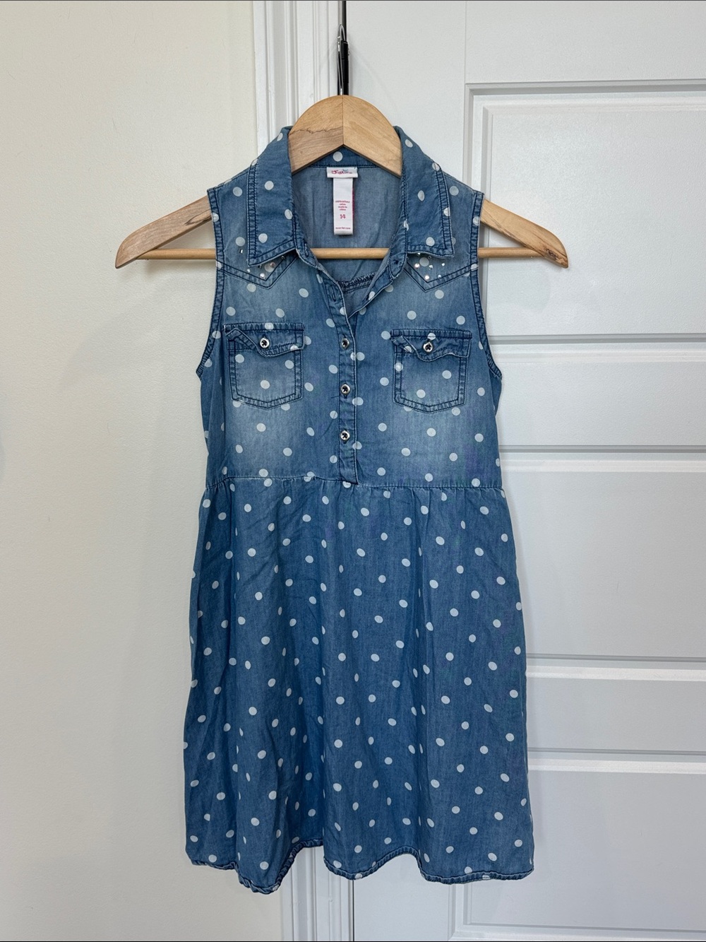 Justice Girls 100% Cotton Denim-Style Polka Dot Dress Cowgirl Western Aesthetic